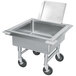 A stainless steel mobile soak sink by Advance Tabco with a detachable chute on wheels.