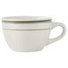 A white Tuxton coffee cup with green stripes.