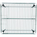 A Metroseal wire shelf with metal clips on a metal grid.