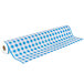 A roll of blue and white checkered paper table cover with a gingham pattern.