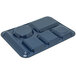 A blue plastic Carlisle compartment tray with six compartments.