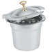 A Vollrath stainless steel soup inset with a hinged lid and brass knob.