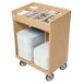 A coffee beige Cambro tray and silverware cart with utensils and forks.