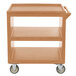 A coffee beige Cambro plastic utility cart with three shelves and wheels.