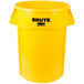 A yellow Rubbermaid Brute trash can with lid.
