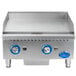 A Globe stainless steel countertop gas griddle with two blue knobs.