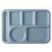 A slate blue Carlisle plastic tray with six compartments.