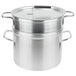 A silver Vollrath aluminum double boiler with two lids.