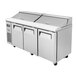 A Turbo Air refrigerated sandwich prep table with three doors.