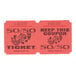A pair of red 50/50 Marquee Raffle tickets with black text.