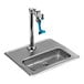 A stainless steel Equip by T&S water station with a blue-handled glass filler tap over a metal drip pan.