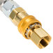 A T&S brass gas appliance connector with a gold quick disconnect nozzle.