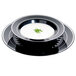 A black Fineline plastic soup bowl with silver bands filled with white soup.
