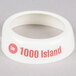 A white plastic Tablecraft salad dressing dispenser collar with maroon text reading "1000 Island"