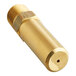A gold metal cylinder with a brass nozzle and a nut.