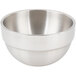 A close up of a silver Vollrath stainless steel bowl.