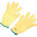 A pair of yellow Cordova cut resistant gloves with blue trim on the wrist.