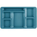 A teal Cambro serving tray with six compartments.