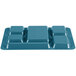 A teal blue Cambro 6 compartment tray.