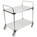 A stainless steel Metro utility cart with two shelves and wheels.