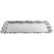 A Vollrath silver metal rectangular catering tray with a scalloped and decorative border.