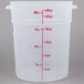 A translucent plastic Cambro food storage container with red measurement markings.