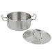 A stainless steel Vollrath Miramar casserole pan with low dome cover.