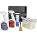 A Meat Slicer Safety Cleaning Kit with a white bottle with a red label, sponge and gloves.