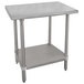 A stainless steel Advance Tabco work table with a shelf.