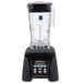 A black Waring commercial blender with a clear container on top.