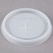 A translucent plastic Cambro lid with a straw slot and a cross on it.