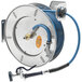 A T&S stainless steel hose reel with a hose attached.