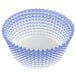 A blue and white paper cupcake wrapper with a wavy design.