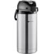 A Bunn stainless steel coffee container with a black lid and lever.