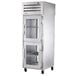 A silver True Spec Series reach-in refrigerator with glass doors and PVC-coated shelves.