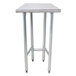 An Advance Tabco stainless steel work table with an open base on legs with a white background.