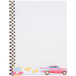 White menu paper with a checkered border and a red car and jukeboxes.