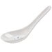 A white spoon with blue speckled design.