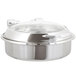 A Vollrath stainless steel casserole dish with a glass lid.