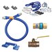 A blue Dormont gas connector kit with other tools and hardware.