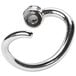 A silver stainless steel spiral dough hook with a hole and black handle.