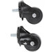 Two True 2 1/2" black swivel stem casters with wheels and nuts on them.
