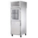 A stainless steel True pass-through refrigerator with a half glass front and half door back.