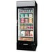 A Beverage-Air black refrigerated glass door merchandiser filled with dairy products including a white jug of milk.