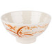 A white bowl with orange and brown designs.