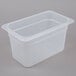 A Cambro translucent plastic food pan with lid.