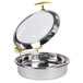 A stainless steel and brass Vollrath chafing dish with a clear lid.
