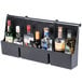 A black metal wall mounted holder with 7 bottles of alcohol.