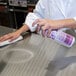 A person cleaning a surface with Noble Chemical Excel Stainless Steel Cleaner spray.