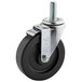 A black Garland and SunFire caster wheel with a silver metal screw and nut.